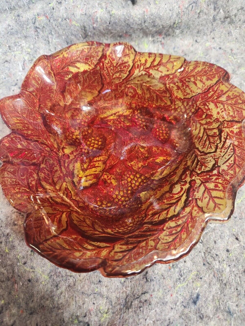 Indiana Carnival Glass Loganberry Leaf Red/Amber Candy Dish Bowl Triangle